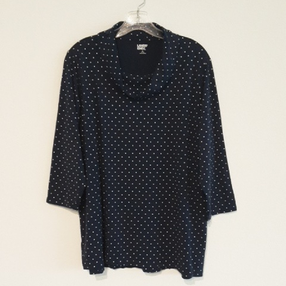 LANDS' END Women's 3/4-sleeve Knit Navy Blue and White Pin-dot Pattern Top NWOT